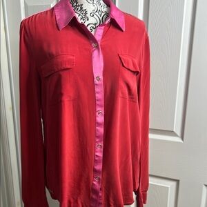 Juicy Couture Red and Pink Button Down Shirt with Collar Large 100% Silk